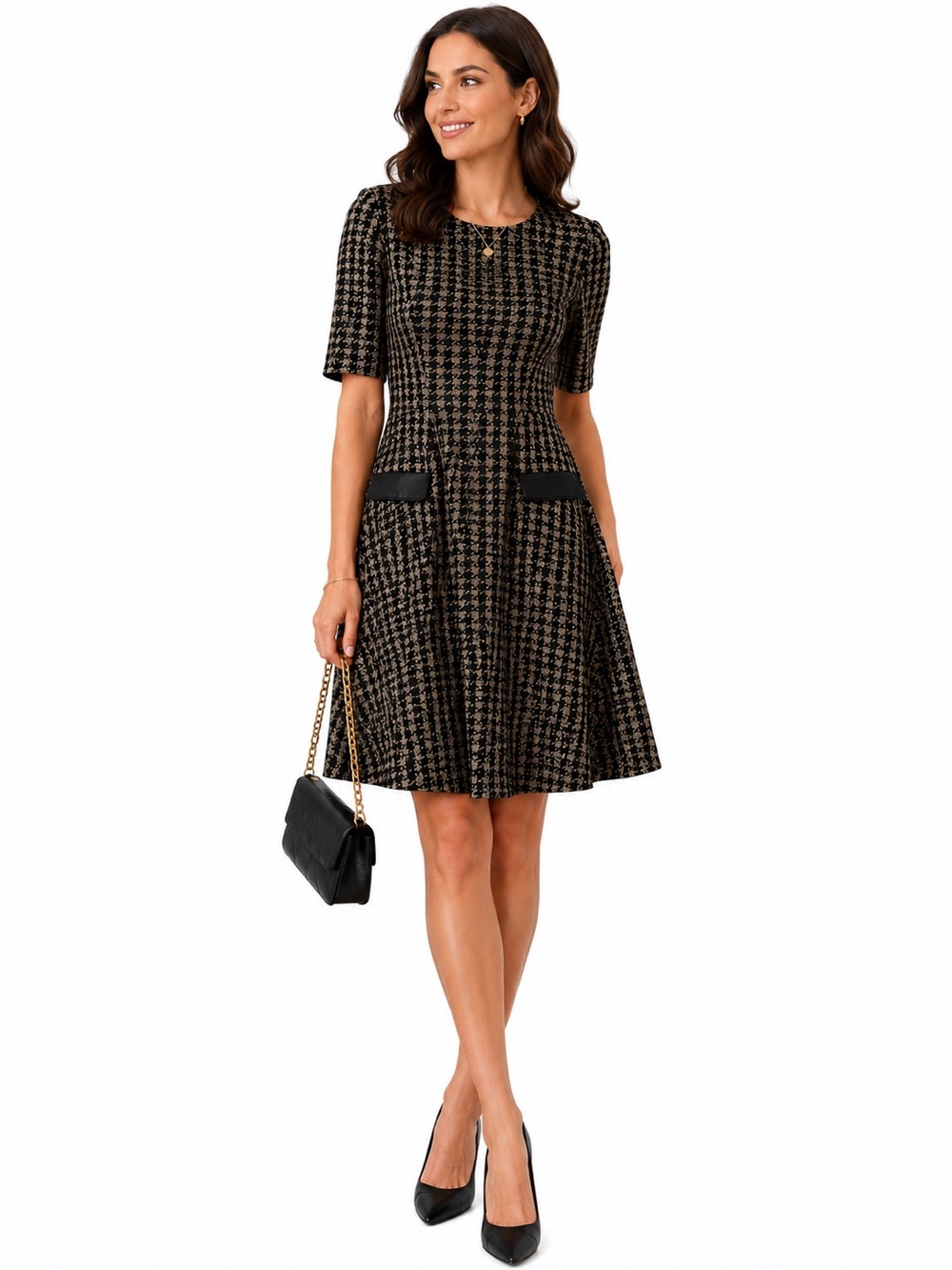 NWT DKNY Tweed Knit Houndstooth Dress with Faux-Suede Pocket Trim Size 4